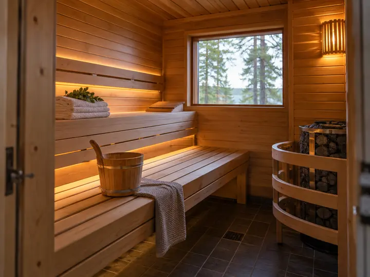 Dřevěná sauna s lavicemi a kamny připravená pro návštěvníky.